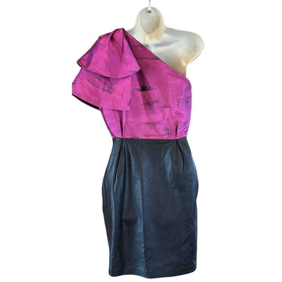 Noir by Sachin & Babi Fushia & Black Leather One Shoulder Dress NWT Size 4 - Picture 2 of 3